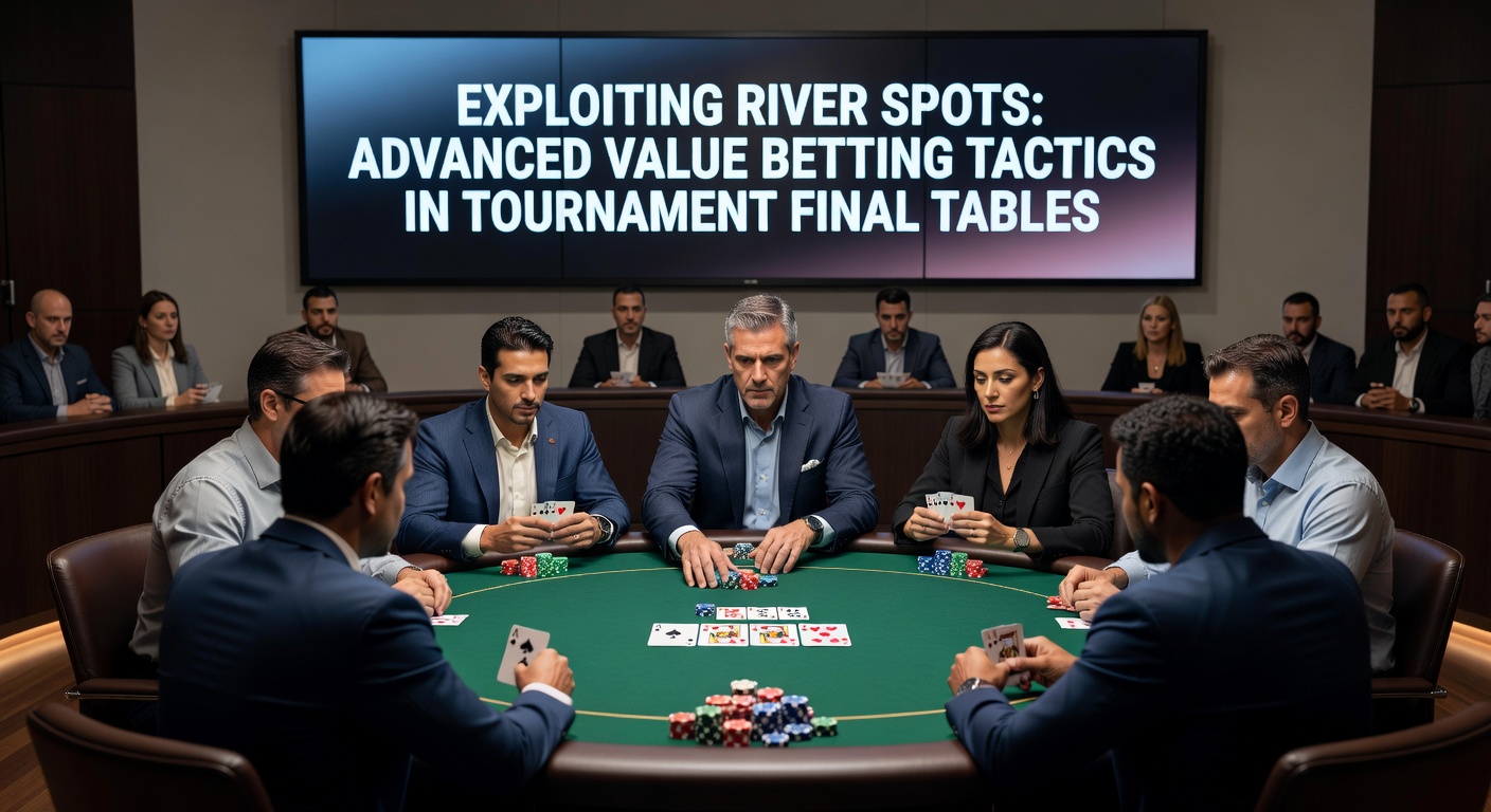Poker players at a final table intensely debating a river bet decision, chips stacked high amid tense atmosphere