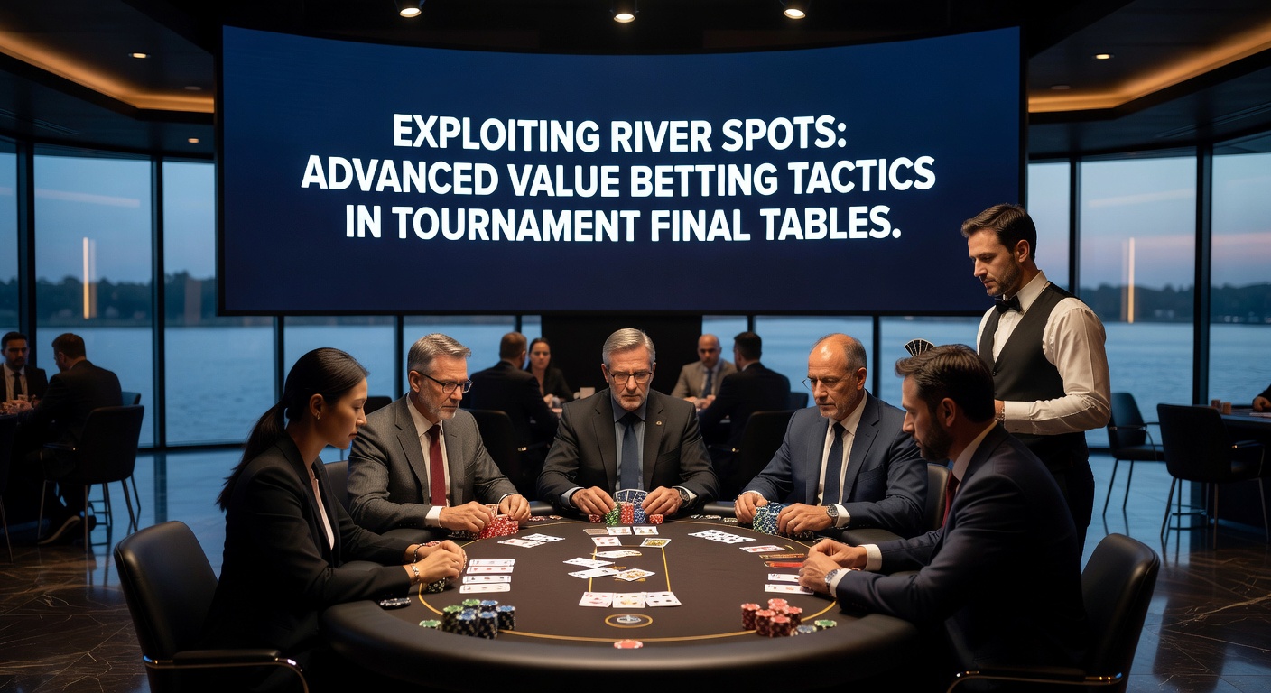 Close-up of a poker river card being revealed at a final table, with players pondering value bet sizes amid stacked chips and side pots