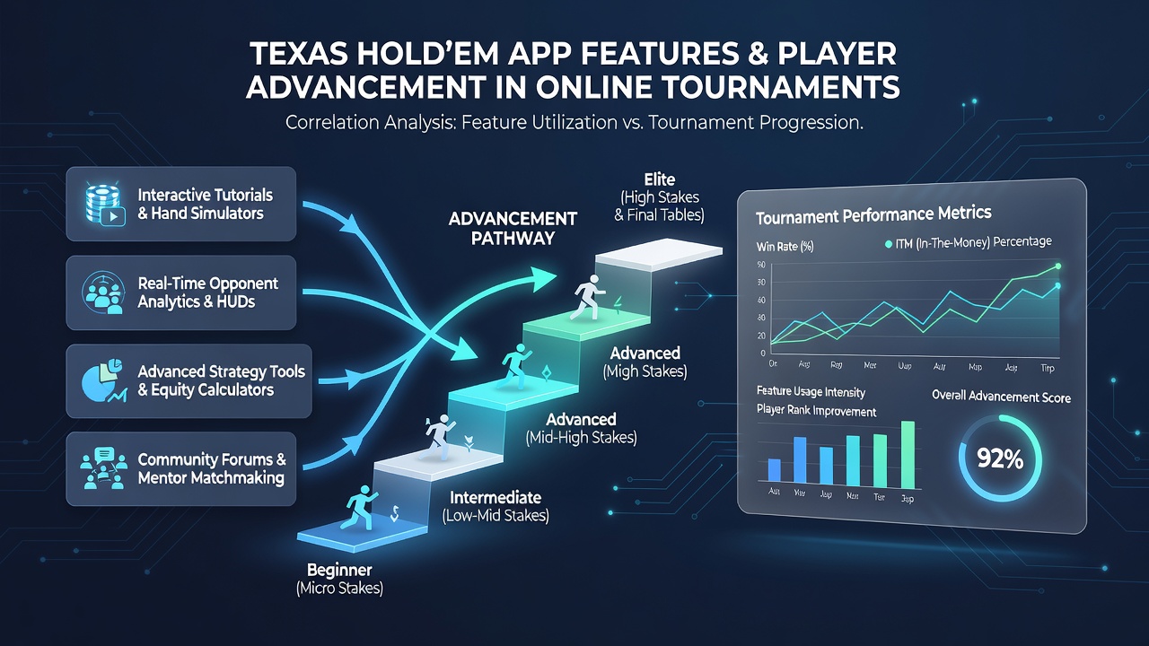Mobile Texas Hold'em tournament screen displaying real-time analytics and notification panel