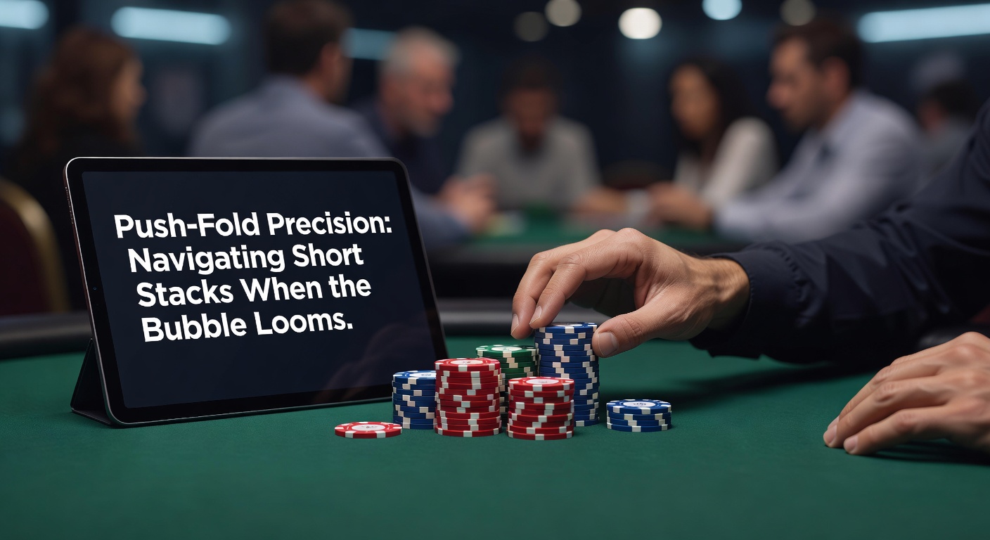 Poker tournament players intensely focused at a table during late-stage bubble play, stacks varying from deep to short
