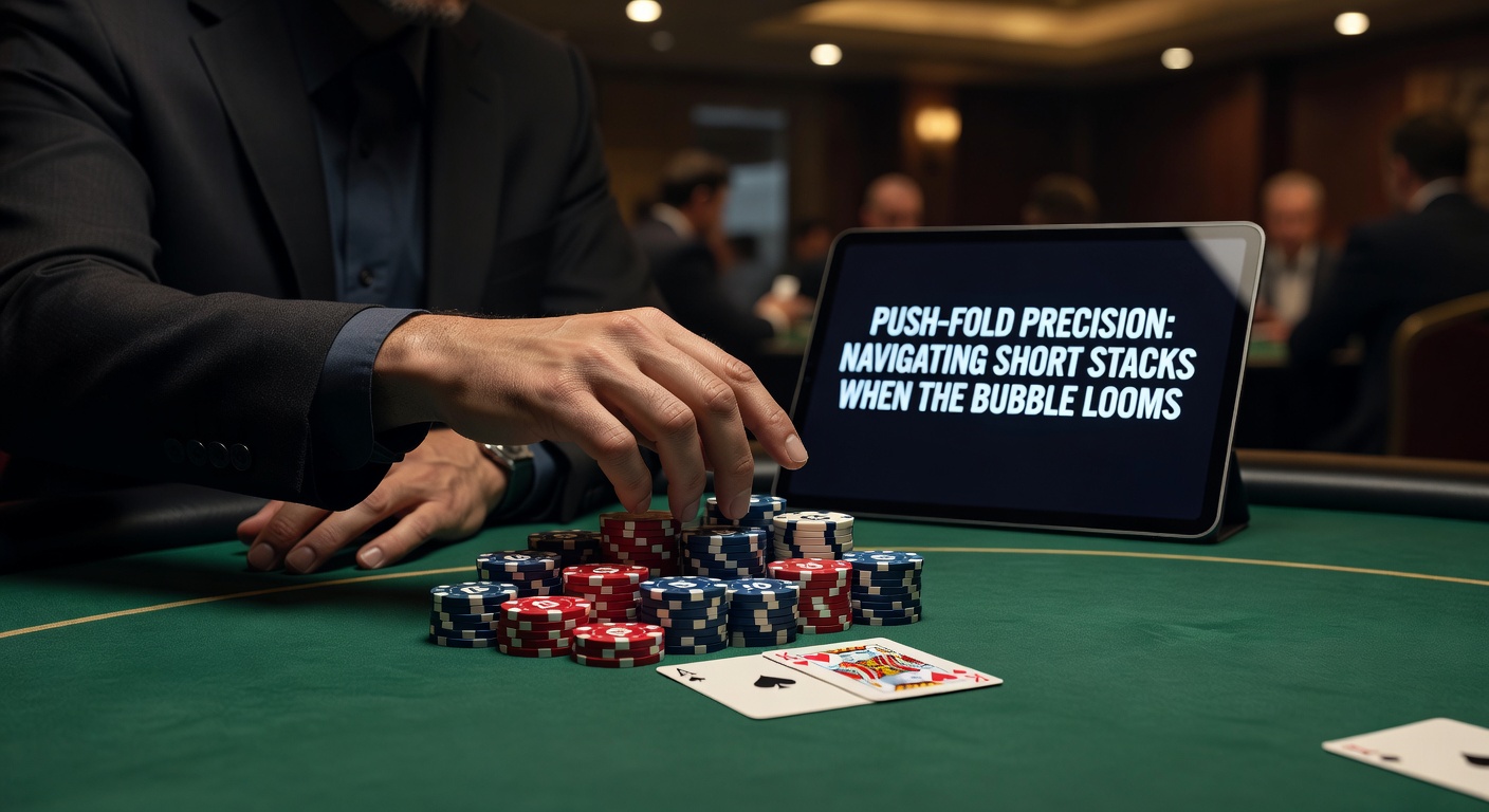 Close-up of a poker chip stack representing a short stack during bubble phase, with equity charts overlaid digitally
